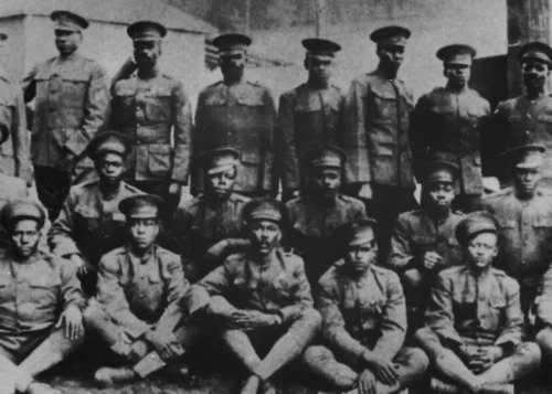 Members of the Buffalo Soldiers at the training camp for white soldiers in Houston that they were assigned to guard when clashes erupted on Aug. 23, 1917. (Afro American Newspapers/Gado, via Getty Images)