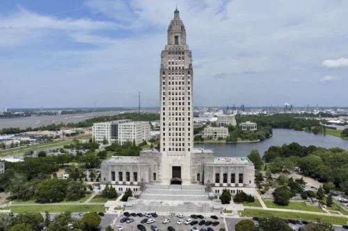 The Louisiana state Capitol stands prominently, April 4, 2023, in Baton Rouge, La. The Louisiana Legislature has until Jan. 15, 2024 to enact a new congressional map after a lower court ruled that the current political boundaries dilute the power of the state’s Black voters, based on an order issued by a federal New Orleans appeals court Friday, Nov. 10, 2023. (AP Photo/Stephen Smith, File)