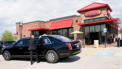 President Joe Biden's limo is seen outside a Sheetz located in Pittsburgh, Pennsylvania, where the president stopped enroute to Pittsburgh International Airport Wednesday. Sheetz was just hit with a discrimination lawsuit filed by the Equal Employment Opportunity Commission. (Photo: Alex Brandon/AP)