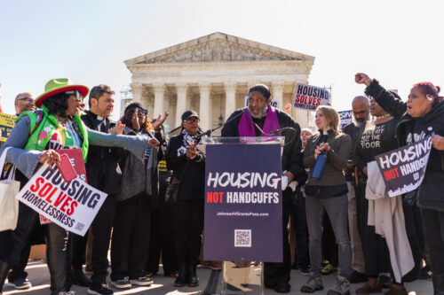 Rev. William Barber II, president of the Repairers of the Breach and co-chair of the Poor People's Campaign, speaks outside the U.S. Supreme Court as the justices hear arguments in a legal fight over homelessness and a bid by Grants Pass, Oregon to enforce local laws against people camping on public property, in Washington, U.S., April 22, 2024. REUTERS/Nathan Howard