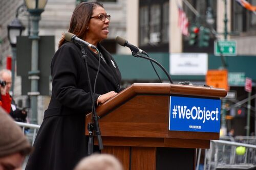 Letitia James speaking at a podium