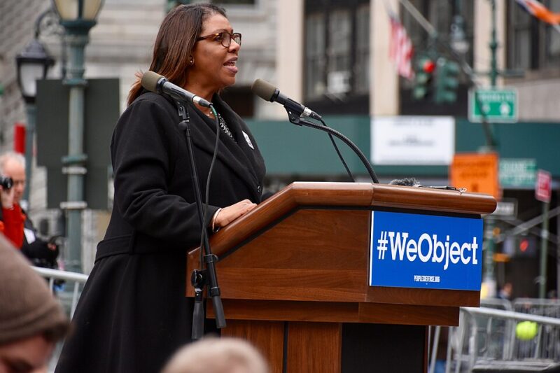 Letitia James speaking at a podium