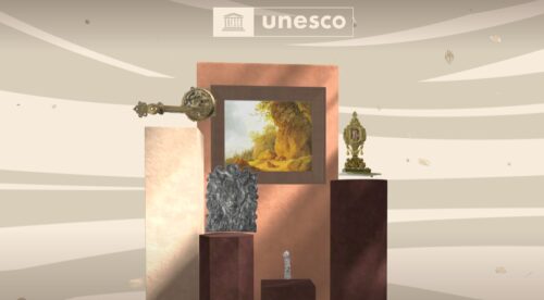 Screenshot from the Unesco Virtual Museum of Stolen Objects, depicting artifacts on platforms