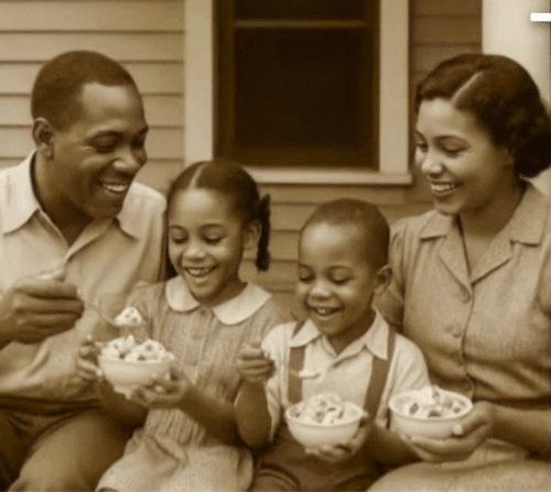 Black family eating butter pecan ice cream.