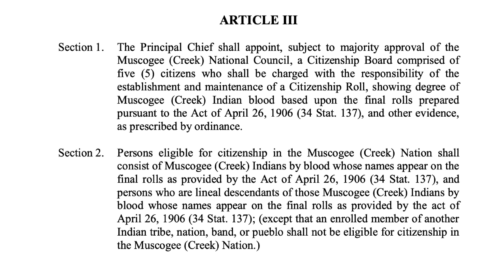 The article of the Musogee constitution that changed citizenship requirements in 1979