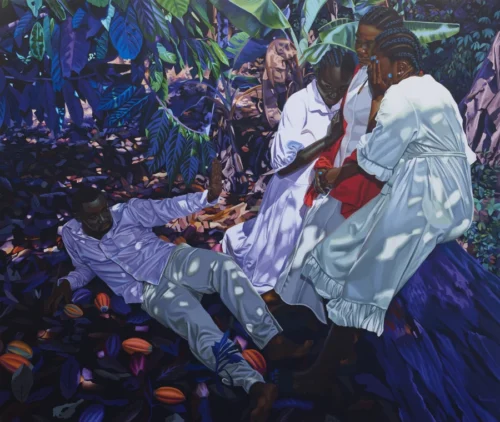 Marc Padeu, a painter from Cameroon, draws inspiration from Renaissance art brought into an African landscape. The above painting is title "Sous le poids de la coupe" — under the weight of the cup (Copyright The Artist/Courtesy Larkin Durey)