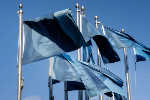 Williams learned the lifespan for flags is one year due to weather, providing a natural point to refresh the group of Washingtons. (Jon Song/Courtesy the artist/Amanda Williams)
