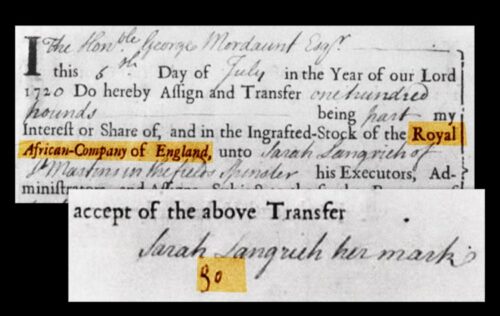 Sarah Longrich accepted a transfer of £100 from George Mordaunt on 7 April 1720. Highlighted is the section mentioning her shares in the Royal African Company. Unable to write her own name, Longrich made a mark on the page instead.