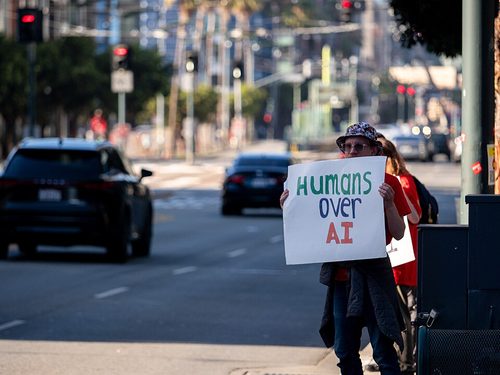 AI protest in San Francisco. After months of organizing and hours of contentious debate, Memphis residents watched city leaders reject a lengthy pause on AI data centers — something that state Rep. Justin Pearson, center, called a betrayal of their communities. (Anderseidesvik, Wikimedia)